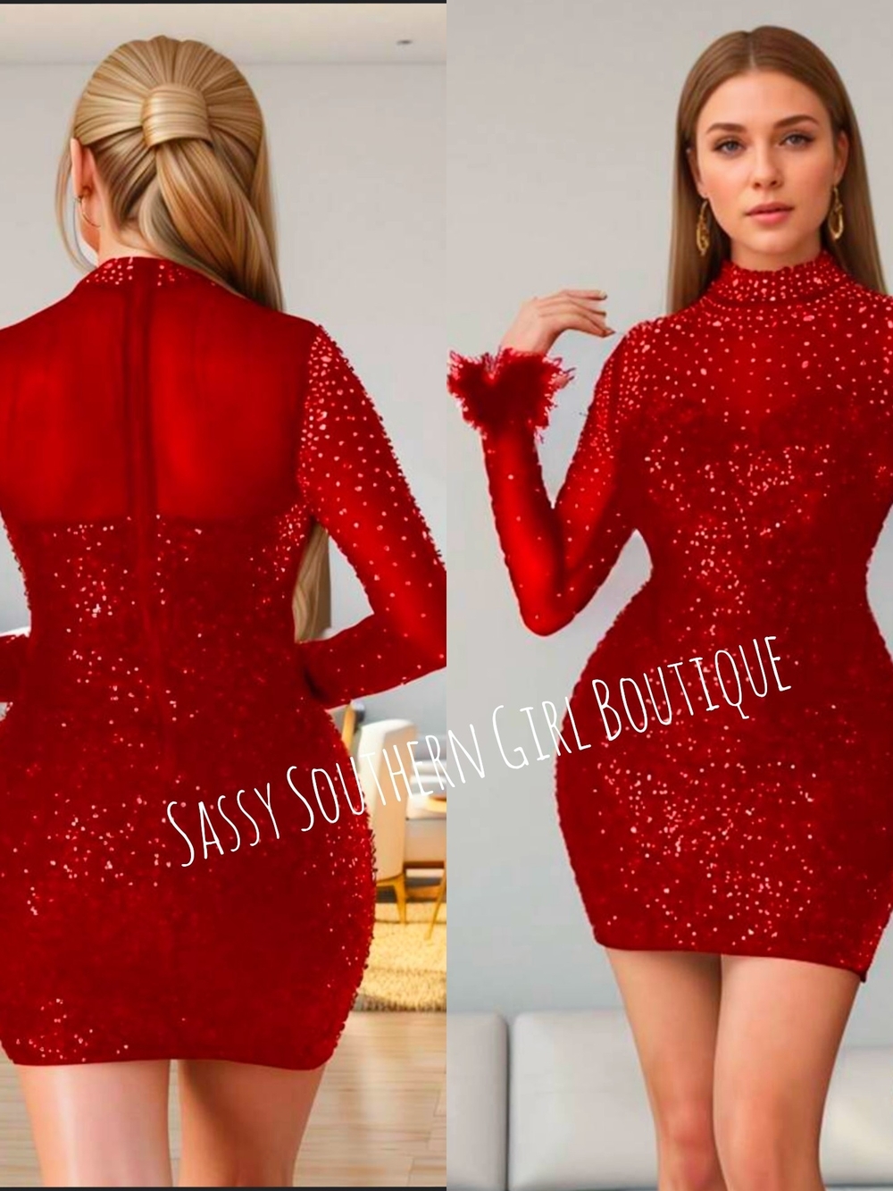 🆕⭐Red Sequin Feather Long-Sleeve Mini Dress